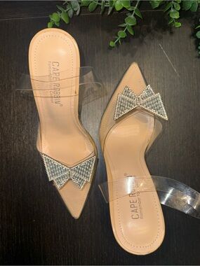 Cape Robbin Nude Pointed Toe Mule with Crystal Bow Accent